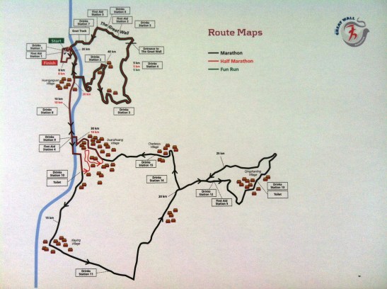 the race map showing the balance of tough wall section, only about 25% and then the faster road running through the local villages and hutongs...